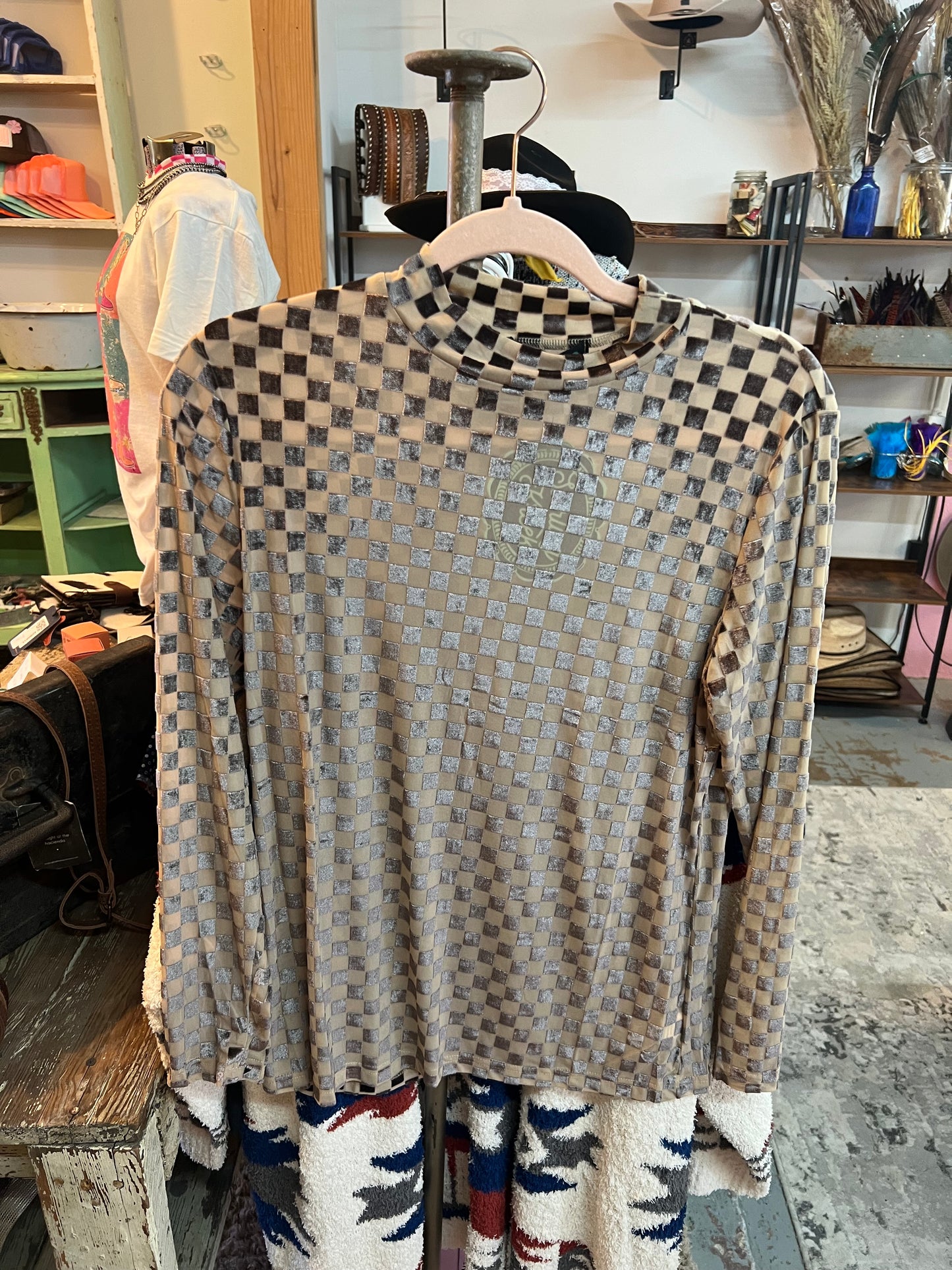 Black and Tan Velvet Mesh Top