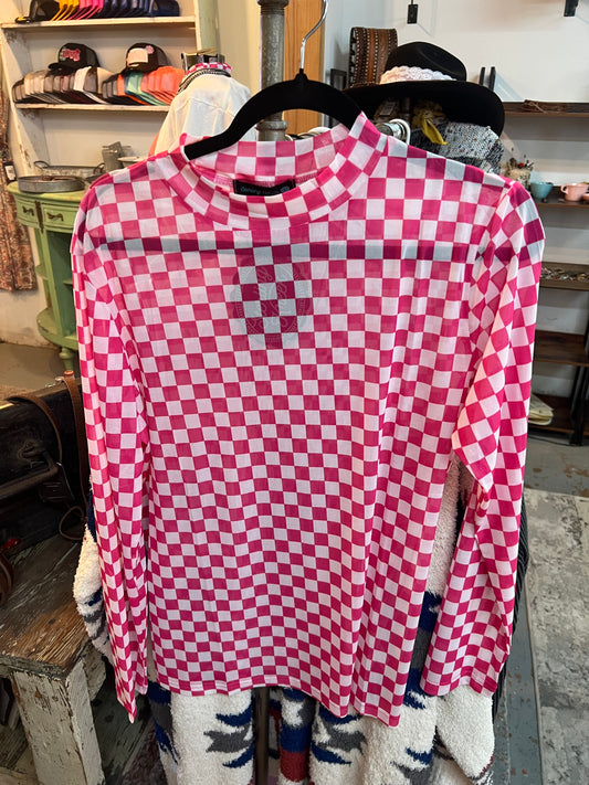 Pink Checkered Mesh Top