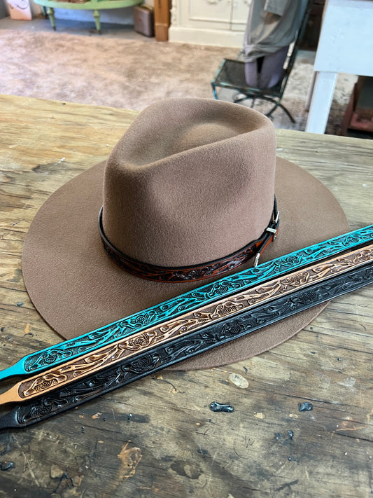 Carved Leather Hat Band with Buckle